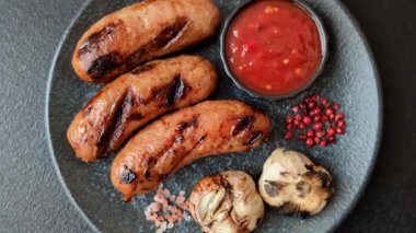 Sos ve baharatlı ızgara tavuk ya da sığır eti sosisi. Tasarımınız için yiyecek olarak ızgara sosis.