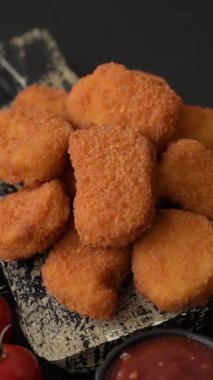 Soslu tavuk nugget, gevrek ve besleyici fast food. Tavuk nugget tasarım için gıda arka planı olarak