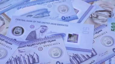 BAE parası, dirhem, finansal ve iş süreçleri için nakit Arap banknotları. Tasarımınız için finansal bir arkaplan olarak Emirlikler