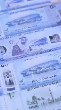 BAE parası, dirhem, finansal ve iş süreçleri için nakit Arap banknotları. Tasarımınız için finansal bir arkaplan olarak Emirlikler