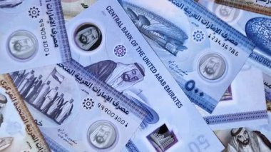 BAE parası, dirhem, finansal ve iş süreçleri için nakit Arap banknotları. Tasarımınız için finansal bir arkaplan olarak Emirlikler