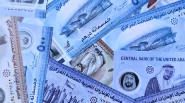 BAE parası, dirhem, finansal ve iş süreçleri için nakit Arap banknotları. Tasarımınız için finansal bir arkaplan olarak Emirlikler