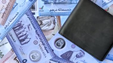 BAE parası, dirhem, finansal ve iş süreçleri için nakit Arap banknotları. Tasarımınız için finansal bir arkaplan olarak Emirlikler