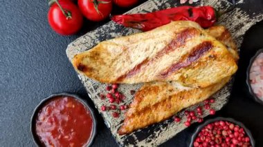 Izgara tavuk ya da hindi göğsü, sağlıklı bir öğle yemeği seçeneği. Tasarımın için ızgara tavuk bifteği.