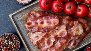 Fried pork bacon slices or strips as a breakfast ingredient. Fried bacon as a food background for your design