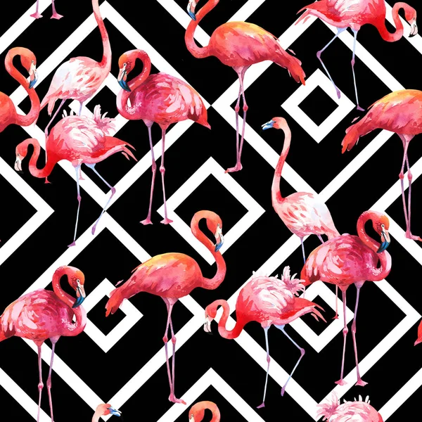 Akvarell varrat nélküli mintát a fekete-fehér absztrakt háttér. Rózsaszín flamingó illusztráció. Trópusi madár. Paradicsom. — Stock Fotó