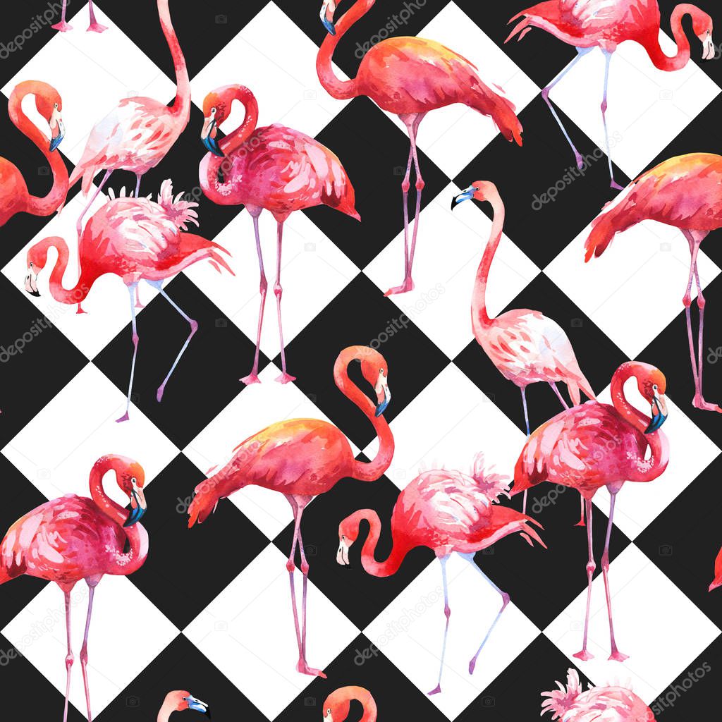 Watercolor seamless pattern on black and white abstract background. Illustration with pink flamingo. Tropical bird. Paradise.