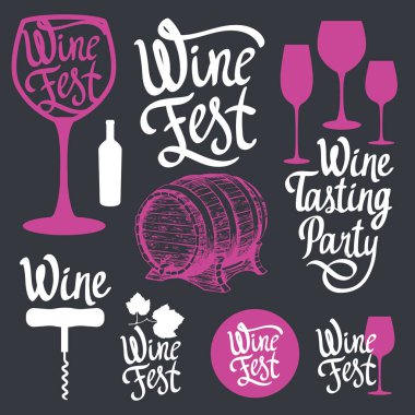 Vektör çizim etiketleri, şişe, cam, tirbuşon, fıçı kroki tarzı ile. Alkollü içki ayarla. Şarap Festivali. Fırça hat öğeleri tasarımınız için. El yazısı mürekkep yazı.