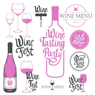 Vektör çizim etiketleri, şişe, cam, kroki tarzı corkscrewin. Alkollü içki ayarla. Şarap Festivali. Fırça hat öğeleri tasarımınız için. El yazısı mürekkep yazı.