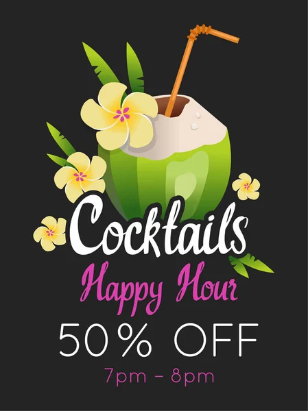 Happy hours plakat. Wektor ilustracja koktajl w lato Plaża styl paska. Pić menu na uroczystości. Oferta Specjalna. — Wektor stockowy