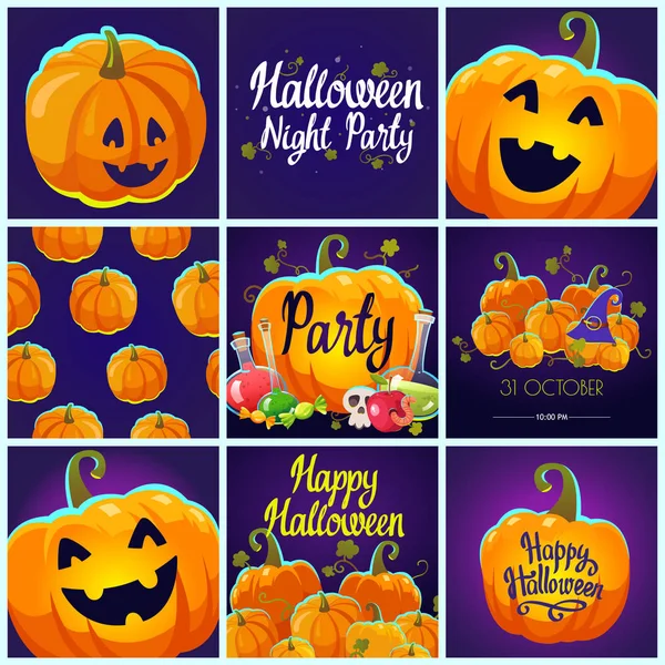 Definir Com Padrão Halloween Cartazes Objetos Engraçados Assustadores Ilustração Vetorial —  Vetores de Stock