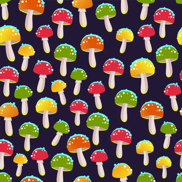 Щасливий плакат на Хеллоуїн з різнокольоровими грибами. Весела векторна ілюстрація до свята в мультиплікаційному стилі. Безшовний фон . — стоковий вектор