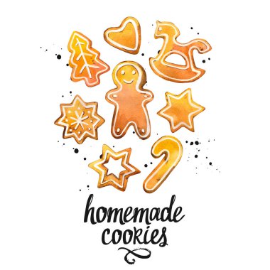 Suluboya resim tatil ev yapımı zencefil çerezleri beyaz arka plan ile. El yazısı yazıt. Yazı tasarım.