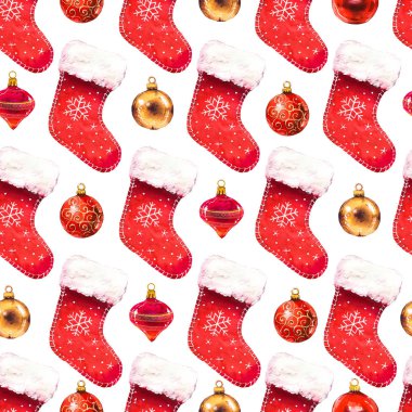 Noel suluboya resim pitoresk tarzı. Tatil kırmızı çorap ve topları ile seamless modeli. Beyaz arka plan üzerinde yeni yıl dekorasyon.