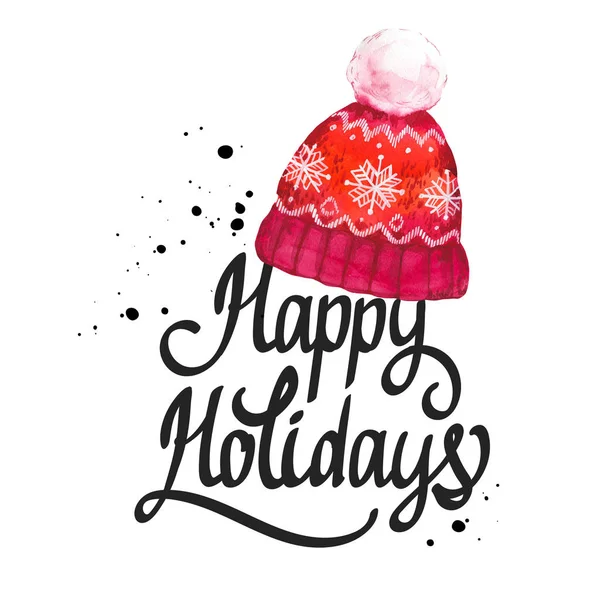 Watercolor holiday illustration with red knit hat on white background. Handwritten inscription. Lettering design. Happy Christmas. — Stock Photo, Image