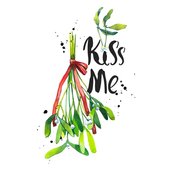 Illustration de vacances aquarelle. Embrasse-moi sur fond blanc avec une branche verte de gui. Inscription manuscrite. Conception de lettrage . — Photo