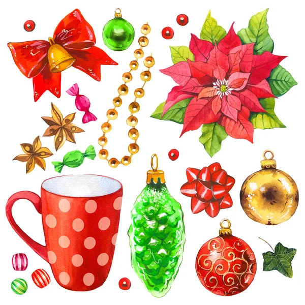 Ilustração aquarela de Natal em estilo pitoresco. Conjunto de férias com fita, poinsettia, sino, azevinho, xícara, contas, bola. Decoração de ano novo. Decoração de ano novo . — Fotografia de Stock