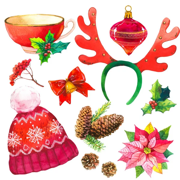 Ilustração aquarela de Natal em estilo pitoresco. Conjunto de férias com fita, poinsettia, cone, sino, azevinho, copo, chapéu, bola, ramo, abeto. Decoração de ano novo . — Fotografia de Stock