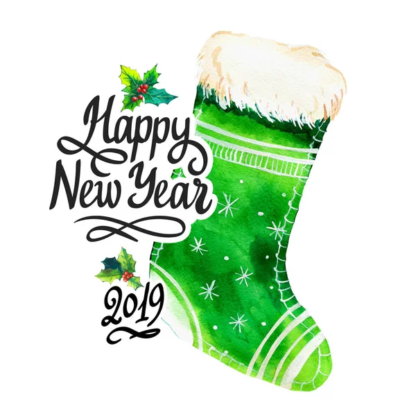 Иллюстрация праздника акварелью с зеленым вязаным носком на белом фоне. Надпись от руки. Дизайн букв. Счастливого Рождества! . — стоковое фото