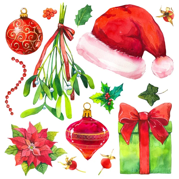Christmas watercolor illustration in picturesque style. Holiday set with ribbon, poinsettia, holly, hat, ball, branch, mistletoe. New year decoration. — Stock Photo, Image