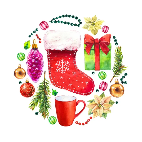 Weihnachten Aquarell Kreis Illustration in malerischem Stil. Festtagsset mit Schleife, Socke, Weihnachtsstern, Glocke, Stechpalme, Tasse, Perlen, Ball. Neujahrsdekoration. — Stockfoto