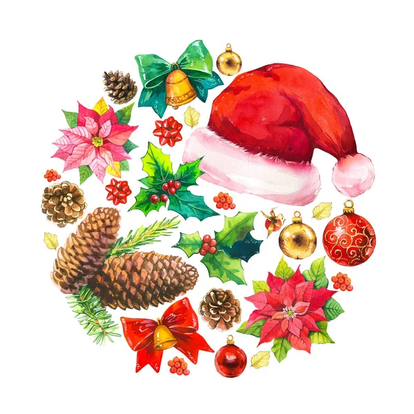 Boże Narodzenie ilustracja koło akwarela w malowniczej stylu. Wakacje z wstążki, stożek, kapelusz, poinsettia, dzwon, holly, koraliki, piłkę. Nowy rok ozdoba. — Zdjęcie stockowe