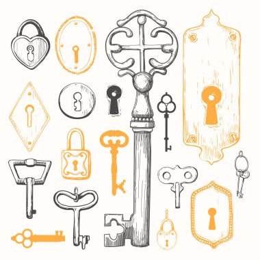 Vektör çizilmiş antika anahtarlarını ayarlayın. İllüstrasyon kroki tarzı beyaz arka plan üzerinde. Eski tasarım