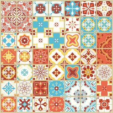 Portekiz fayanslarıyla kusursuz desen. Beyaz arka planda Azulejo 'nun vektör illüstrasyonu. Akdeniz tarzı. Çoklu renk tasarımı.