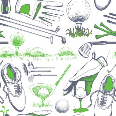 Sepet, Ayakkabı, Araba, Golf sopası, top, eldiven, bayrak, çanta ile sorunsuz golf desen. Vektör kümesi çizilmiş spor malzemeleri. İllüstrasyon kroki tarzı beyaz arka plan üzerinde.