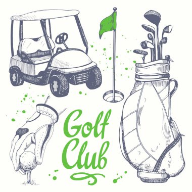 Golf Ayakkabı, Araba, Golf sopası, top, eldiven, bayrak, çanta ile ayarlayın. Vektör kümesi çizilmiş spor malzemeleri. İllüstrasyon kroki tarzı beyaz arka plan üzerinde. El yazısı mürekkep yazı.