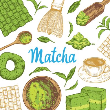 Japon etnik ve ulusal çay töreni. Matcha. Çay saati geleneklerini. Dekoratif elemanlar tasarımınız için. Vektör çizim parti sembolleri beyaz arka plan üzerinde bulunan.
