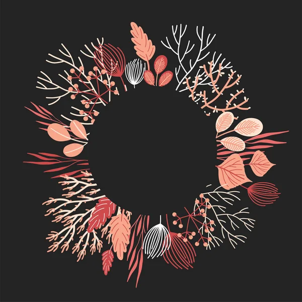 Wreath. Vector fall illustration with branches, berries and leaves. Floral frame on black. Autumn mood. — Stock Vector