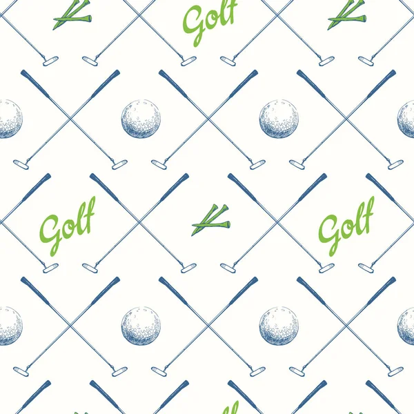 Nahtloses Golfmuster mit Putter. Vektor-Set von handgezeichneten Sportgeräten. Illustration im Skizzenstil auf weißem Hintergrund. — Stockvektor