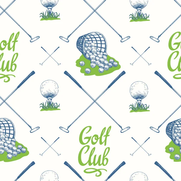 Sömlös golf mönster med busket och boll. Vector uppsättning handritade sportutrustning. Illustration i skiss stil på vit bakgrund. — Stock vektor