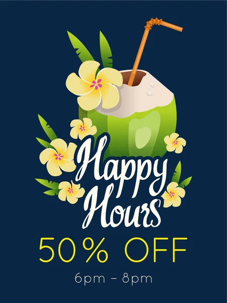 Happy hours plakat. Wektor ilustracja koktajl w lato Plaża styl paska. Pić menu na uroczystości. Oferta Specjalna. — Wektor stockowy