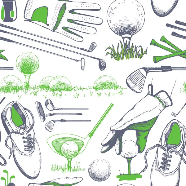 Vzor bezešvé golf s koš, boty, auto, putterů, míče, rukavice, vlajky, tašky. Vektorové Sada ručně tažené sportovního vybavení. Ilustrace v náčrtu stylu na bílém pozadí. — Stockový vektor