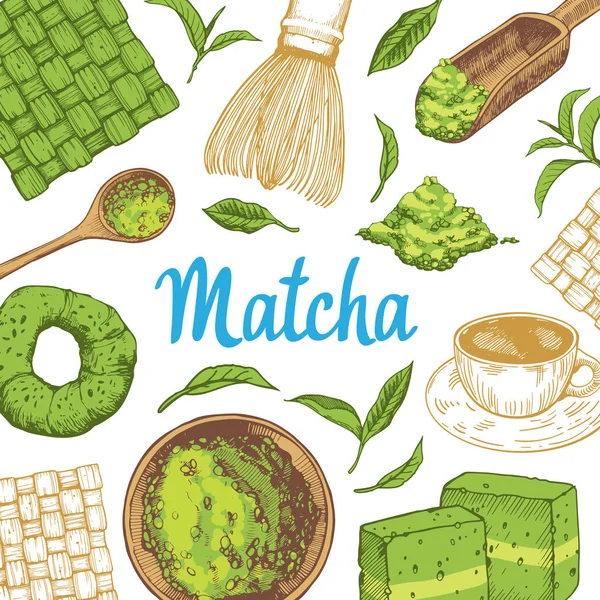 Japaneese etnické a národní čajový obřad. Matcha. Tradice Časnačaj. Dekorační prvky pro váš návrh. Vektorové ilustrace s strany symboly na bílém pozadí. — Stockový vektor