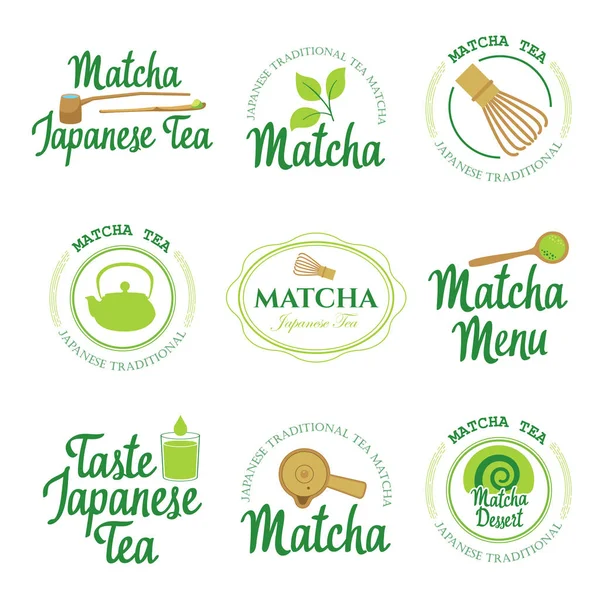 Japans etnische en nationale theeceremonie. Matcha logo set. Tradities voor teatime. Decoratieve elementen voor uw ontwerp. Vectorillustratie met partij symbolen op witte achtergrond. — Stockvector