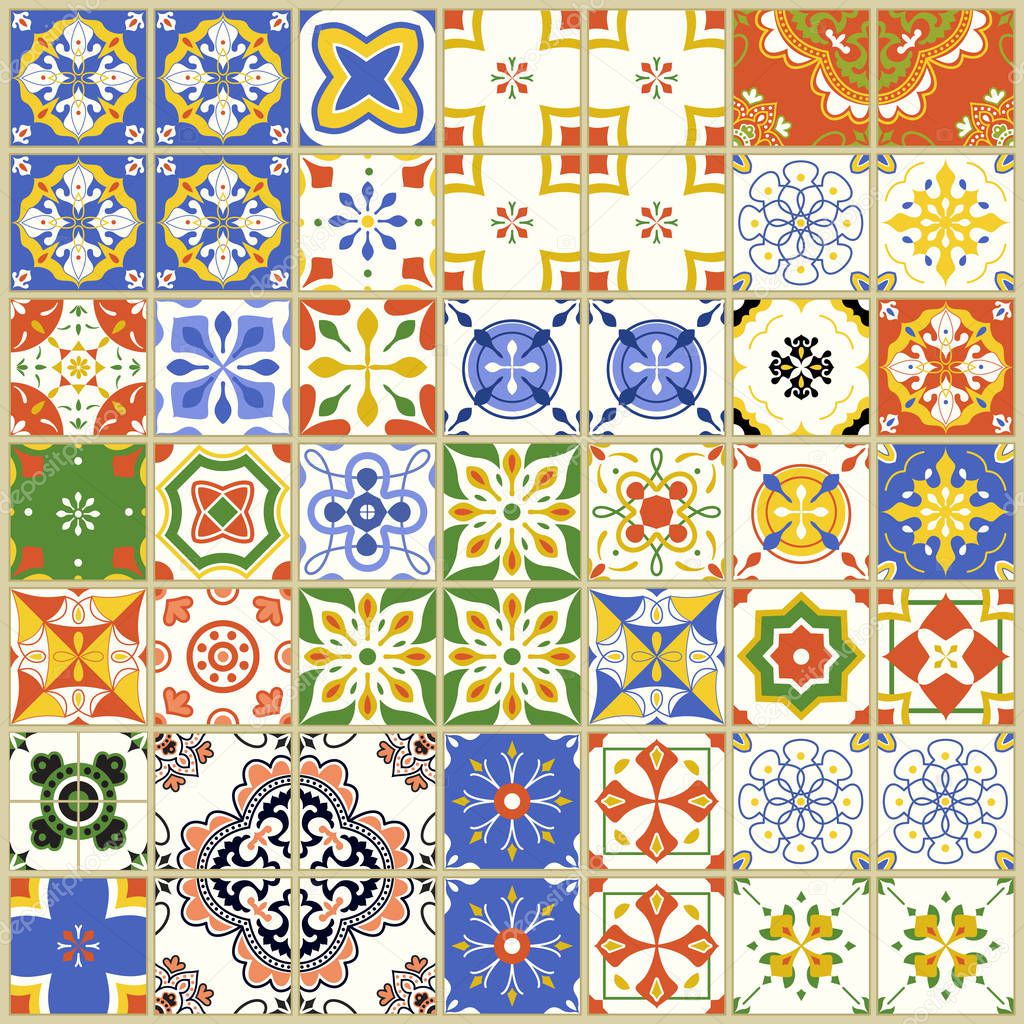 Seamless pattern with  Portuguese tiles. Vector illustration of Azulejo on white background. Mediterranean style. Multicolor design.