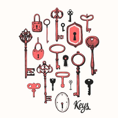 Vektör çizilmiş antika anahtarlarını ayarlayın. İllüstrasyon kroki tarzı beyaz arka plan üzerinde. Eski tasarım