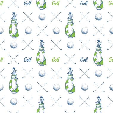 Sorunsuz golf topları ve çantaları ile desen. Vektör kümesi çizilmiş spor malzemeleri. İllüstrasyon kroki tarzı beyaz arka plan üzerinde.