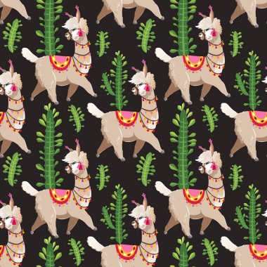 Resimde alpaka ve kaktüs bitkileri ile. Vektör seamless modeli siyah arka plan üzerine. Lama.