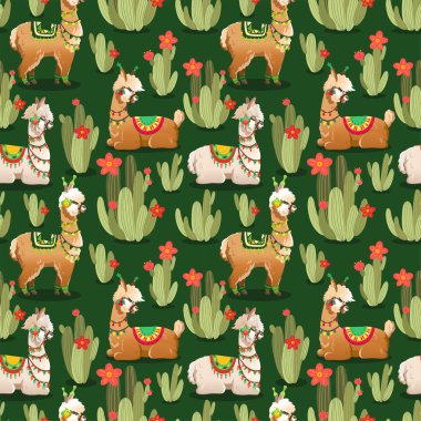 Alpaka ve kaktüs bitkileriyle illüstrasyon. Yeşil arka planda vektör pürüzsüz desen. Lama..