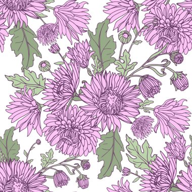 Krizantem kroki tarzı ile sorunsuz arka plan. Güzel çiçek deseni.