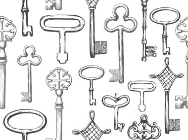 Seamless modeli. Vektör çizilmiş antika anahtarlar, anahtar delikleri ve kilitleri kümesi. İllüstrasyon kroki tarzı beyaz arka plan üzerinde. Eski tasarım.