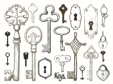 Vektör çizilmiş antika anahtarlarını ayarlayın. İllüstrasyon kroki tarzı beyaz arka plan üzerinde. Eski tasarım