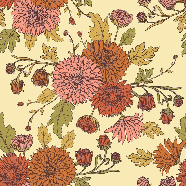 Fondo Sin Costuras Con Crisantemos Estilo Sketch Hermoso Patrón Flores — Vector de stock