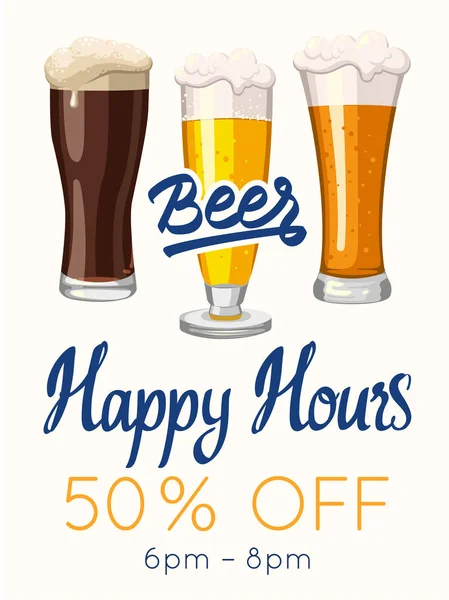 Happy Hours Poster Vector Illustration Glass Beer Sketch Style Bar — Stock Vector