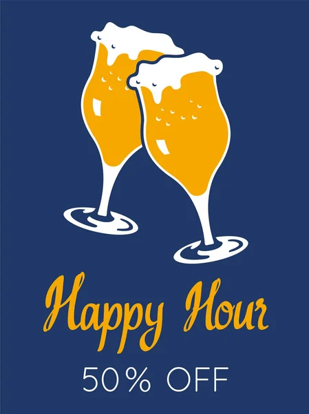 Happy Hours Plakat Ilustracja Szklance Piwa Styl Szkic Wektor Bar — Wektor stockowy