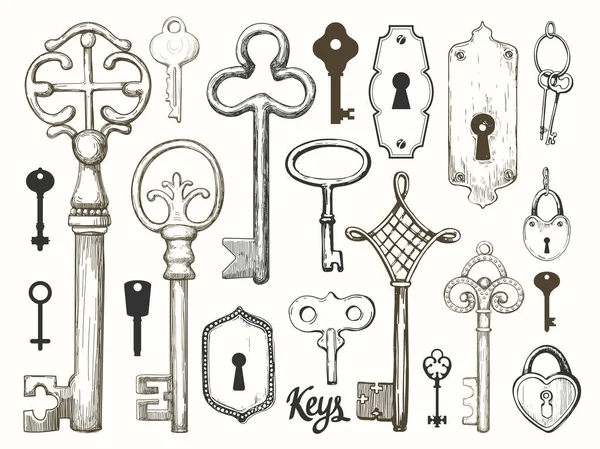 Vektör çizilmiş antika anahtarlarını ayarlayın. İllüstrasyon kroki tarzı beyaz arka plan üzerinde. Eski tasarım